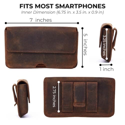 Genuine Leather Horizontal Phone Holster for Men, Horizontal Cell Phone Holder for Belt w/Magnet Closures, Handcrafted Cellphone Case for Iphone and Smartphones — view 3