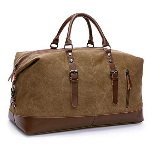 autumndeer Oversized Canvas Holdall Travel Carry On Duffel Bags Plus Handbag Shoulder Bag Crossbody Overnight Weekend Bag Unisex Travel Holdall Handbag with PU Leather Handle (Coffee)