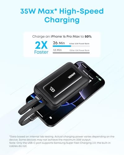 Anker Zolo Power Bank, 10,000mAh 35W Max Fast Portable Charger with Built-in USB-C Cables, USB-C&A, Battery Pack for iPhone 16/15/14 Series, Galaxy, and more — view 3