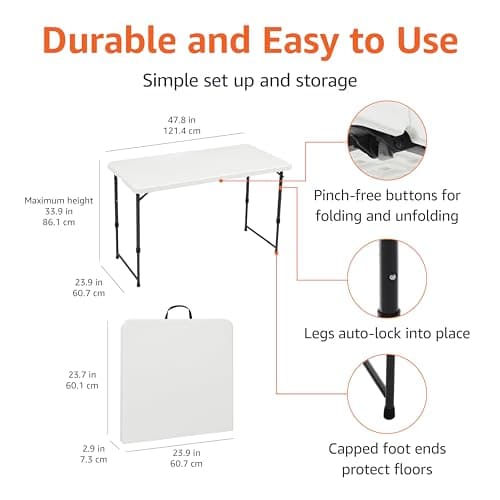 Amazon Basics 4 Foot Rectangular Folding Table, 4 Adjustable Height Settings with Carrying Handle, Indoor & Outdoor, Portable, Lightweight, Travel Table, Picnic, Camping, White, 121.4 x 60.7 x 86.1 cm — view 2