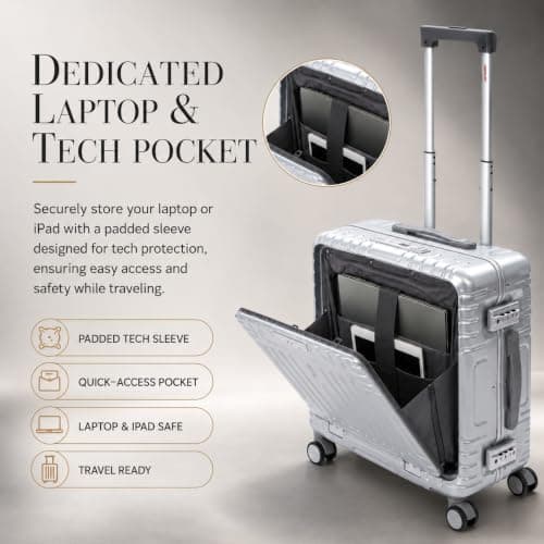 Aerolite Premium 55x40x20 No-Zip Cabin Suitcase with USB Charger Port & Front Laptop Pocket, Aluminium Frame Polycarbonate Hard Shell Carry On Luggage with TSA Lock, Fits Most Major Airlines Silver — view 2