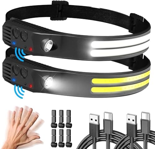 2 Pack Head Torch Rechargeable, Super Bright 230° Wide Beam LED Headlamp