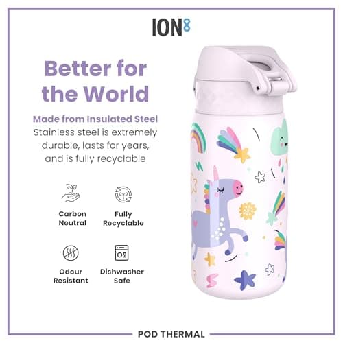 Ion8 Insulated Steel Water Bottle, 320 ml/11 oz, Leak Proof, Easy to Open, Secure Lock, Dishwasher Safe, Carry Handle, Flip Cover, Metal Water Bottle, Raised Print, Stainless Steel, Pink Unicorns — view 5