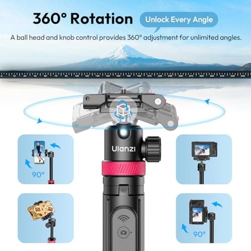 ULANZI MT-44 B [ 2026 UPGRADED] Auto Open Phone Tripod 59'', Four-Leg Stand with Dual Camera Set up, 360° Ball Head Cold Shoe 1/4" Thread, Selfie Stick Bluetooth for DSLR Action Cameras iPhone Samsung — view 5