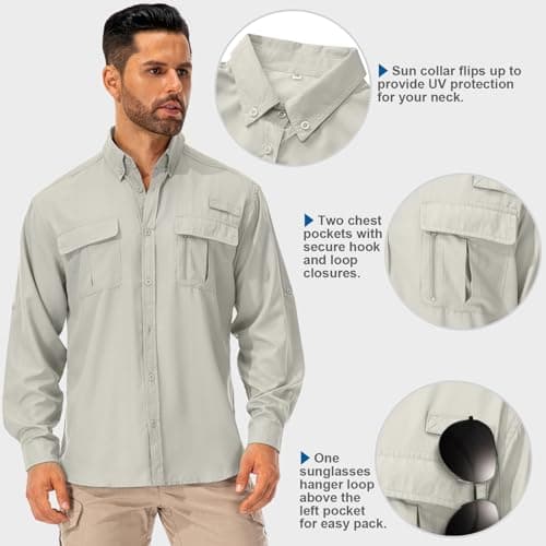 mosingle Men's Long Sleeve Hiking Shirt, Sun UV Protection Safari Fishing Outdoor Shirt Quick Drying Lightweight Walking Travel Shirts #5053-Light Khaki-M — view 2