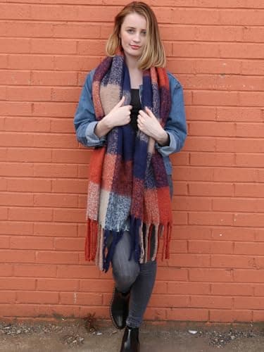 Style Slice Oversized Tartan Blanket Scarf, Navy Blue Orange — view 5