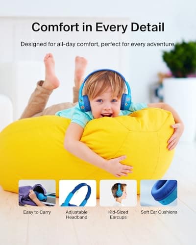 Belkin SoundForm Mini Kids Wireless Headphones with Built-In Microphone, 30H of Playback Time, & Fun Stickers - Over-Ear Headsets for Online Learning, School, Travel, iPhone, iPad, Galaxy - Blue — view 6