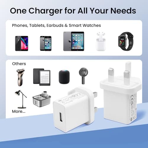 2PCS UKCA 5V 1A USB Wall Pulg 3-Pin Portable Charger Universal Travel Adapter for USB Light, Phone, Tablet, Speaker, Smart Watch, Earbud, Fan, Razor, etc — view 5