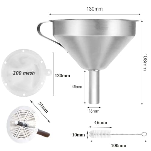 Kitchen Funnels 13cm Stainless Steel Funnel Set with Handle Filter Removable Strainer and Brush 200 Mesh Strainer for Jam Oils Juice Coffee Cooking Transferring Liquid — view 2
