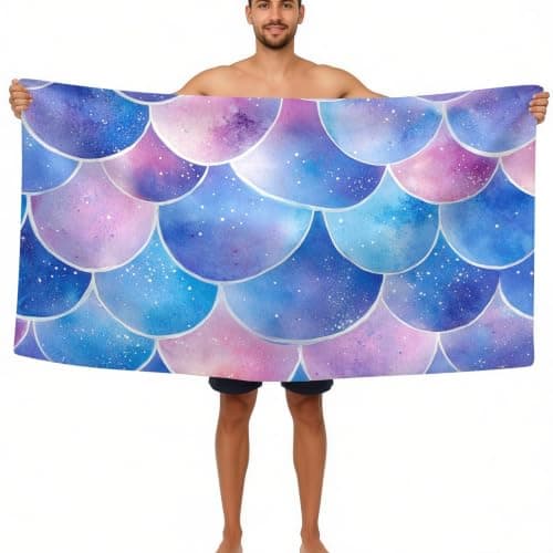 Beach Towel Microfibre Towel 140 x 70 cm Watercolor Mermaid Scales Beach Towel for Travel Purple Printed Swimming Camping Holiday Quick Dry Sand Free Towels — view 4