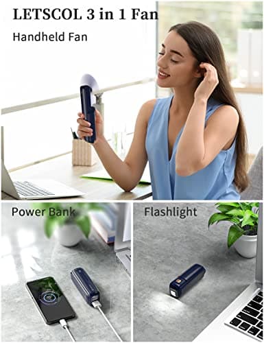 LETSCOL Handheld Mini Fan, 3 in 1 Hand Held Cooling Device, Portable and Personal with Power Bank & Flashlight, Foldable for Travel, Desk, Makeup (Blue) — view 2