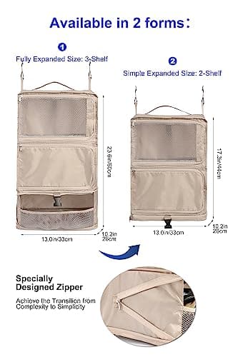 ELEZAY Hanging Packing Cubes Portable Closet 3-Shelf Travel Collapsible Compression Garment Organiser for Carry-on Luggage Suitcase Space Saver Bag X-Large_No Side Pockets, Beige — view 4