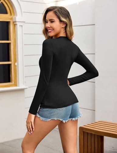 Aottori Womens Long Sleeve Base Layer Tops Ladies Round Neck Basic Underwear Cotton Lightweight Thermal Slim Fitted Pullover Tunic Top Black M — view 5