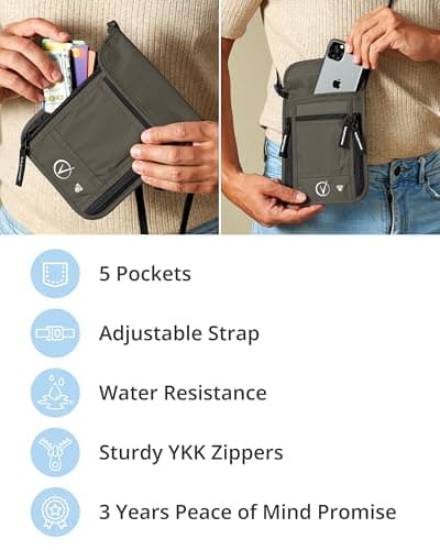 Vantamo Premium Neck Wallet for Traveling, RFID Protected Passport Bag Fits Documents, Cash and Phone, Lightweight & Consealed Travel Wallet and Document Holder for Men & Women with Adjustable Strap — view 5