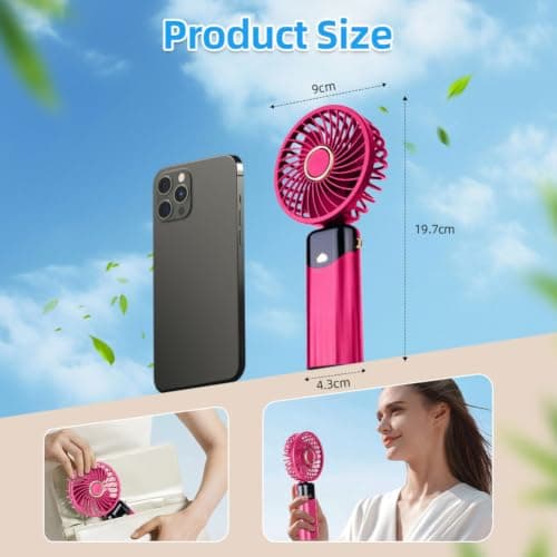 AUAUY Portable Handheld Fan, USB Rechargeable Fan with 6 Speeds, Rose Red — view 2