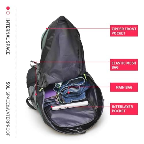 Bseash 50L Hiking Backpack, Water Resistant Lightweight Outdoor Sport Daypack Travel Bag for Camping Climbing Touring (Army Green - With Shoe Compartment) — view 6