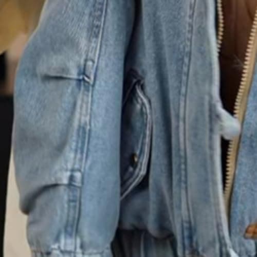 Boys Girls Fleece Lined Denim Jacket Zip Up Toggle Button Faux Fur Hooded Jean Coat Fashion Pleated Winter Warm Windproof Top Outdoor Travel Back to School Thermal Coat (Blue, 7-8 Years) — view 5