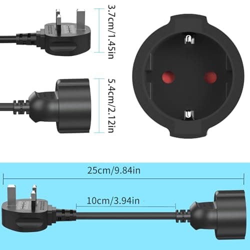 HITRENDS EU to UK Plug Adapter | 25CM Short Cable | With 13A Fused | Converts EU 2-Pin to UK 3-Pin | 250V/13A, 3250W for Power Tools & Appliances, Black — view 3