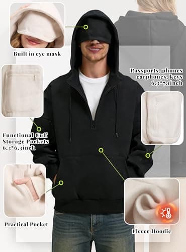 KENAIJING Mens Quarter Zip Travel Hoodies with Eye Mask & Multi Pockets — view 3