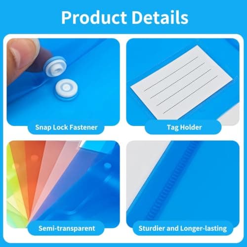10 Pack A4 Folders with Snap Button and Label Pocket, 18C Thick Plastic Document Envelopes Waterproof, Assorted Colours Transparent File for School Office Travel — view 5