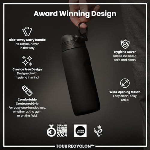 ION8 Sports Water Bottle, 750 ml/24 oz, Leak Proof, Easy to Open, Secure Lock, Dishwasher Safe, BPA Free, Flip Cover, Carry Handle, Soft Touch Contoured Grip, Easy Clean, Odour Free, Black — view 6