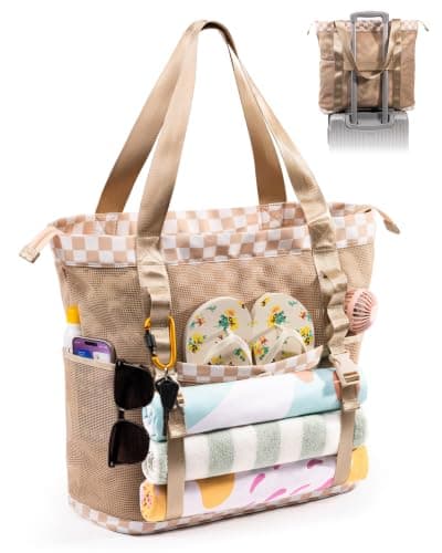 Elmklare 35L large Mesh Beach Tote Bag With Zipper for Women with 6 Pockets