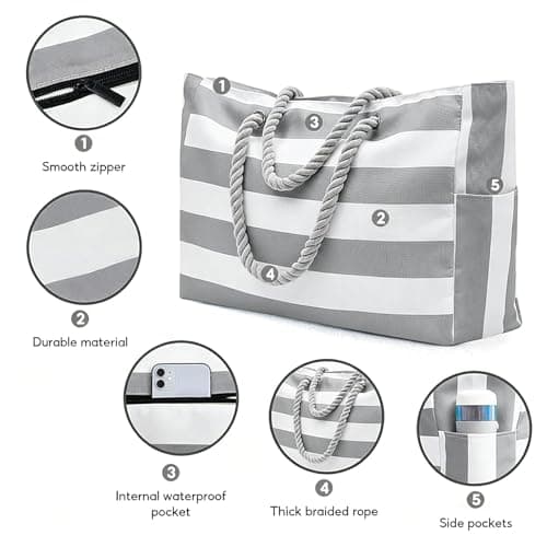 Megcdtr Large Beach Bag, Stripe Tote Bag with Zip(Grey and White) — view 6