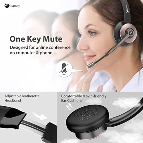 Earbay Wireless Headset, Bluetooth Headphones with Microphone Noise Canceling & USB Dongle, Office Headset with Charge Dock for Mobile Phone Computer Tablet Work Skype Zoom Conference Call Center — view 6