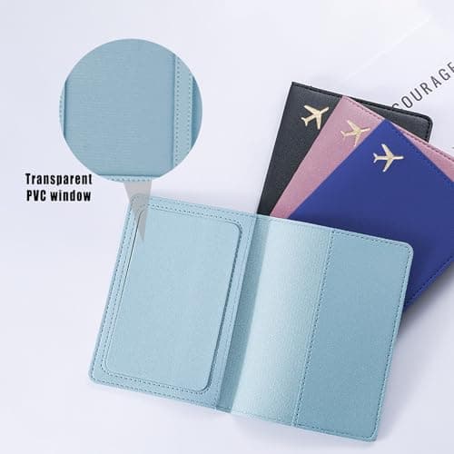 KYRINOVA 2 Pcs Passport Holder, PU Leather Travel Document Holder, Portable Passport Wallet for Travelers Business Cards Tickets (Light Blue Pink) — view 3