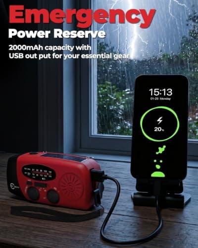 Esky Wind Up Radio, Survival Hand Crank Solar Radio AM/FM Emergency Weather Radio, 2000mAh Rechargeable USB Phone Charger, SOS Alarm, LED Bright Flashlight, for Household and Outdoor Camping, Hiking — view 4
