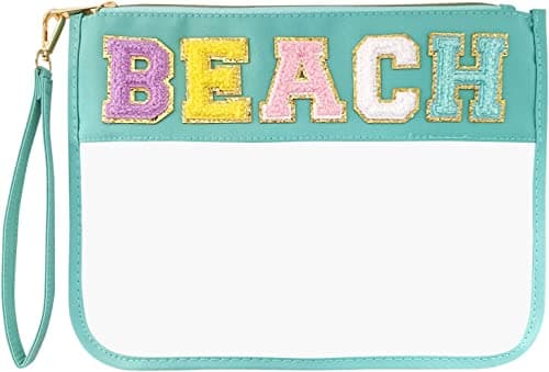 Chenille Letter Clear Zipper Flat Pouch Transparent Waterproof Stuff Cosmetic Bags Travel Makeup Bag with Zipper Toiletry Bag with Preppy Patch for Women & Children, Travel, Gym, Beach