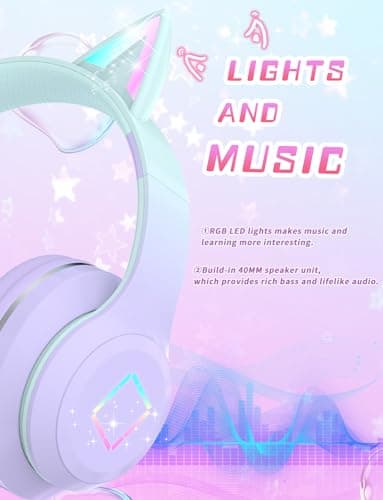 Bluetooth Kids Headphones,Cat Ear LED Light Up Kids Wireless Headphones,Bluetooth 5.1&Stereo Sound,Foldable,Adjustable Headband,Children Headphone with Microphone Over Ear for School/Tablet (Purple) — view 2