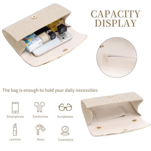 Toptime Champagne Gold Clutch Bags for Women, Envelope Pleated Women's Clutches Evening Bag, Sequins Prom Bag with Detachable Chain, Elegant Cross Body Small Handbag for Wedding Bridal Dinner Party — view 5