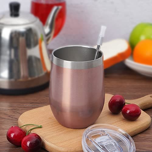 Joymaking 12oz Reusable Coffee Cup, 2 Pack Double Walled -Insulated Travel Mug Vacuum Stainless Steel Wine Tumbler with Spill Proof Lid, Great for Coffee, Tea, Milk and Wine (Rose Gold) — view 2