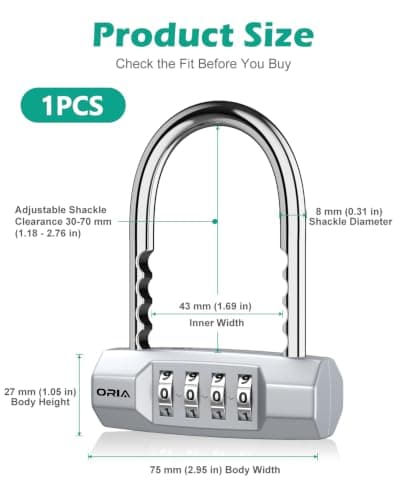 ORIA 4 Digit Combination Padlock with Adjustable Long Shackle, U-Shaped Resettable Lock, Security Number Lock, Zinc Alloy Material, Waterproof Padlock for Gym/Bicycle/Toolbox/Cabinet - Silver — view 2