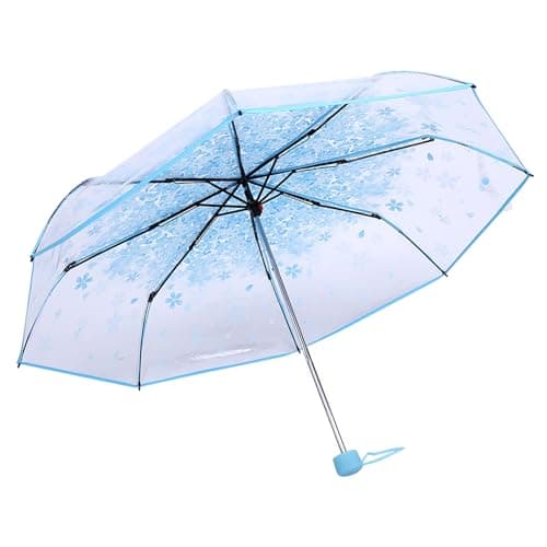 Tiiyee Clear Folding Umbrella, Cherry Blossom Floral for Travel Rain (Blue) — view 5