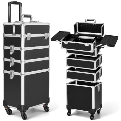 Professional Rolling Makeup Case with Wheels,Large Makeup Trolley on Wheels,4-in-1 Detachable Cosmetic Organiser Suitcase,Multi-Layer Storage for Cosmetics&Beauty Tools,Lockable Travel Beauty Trolley