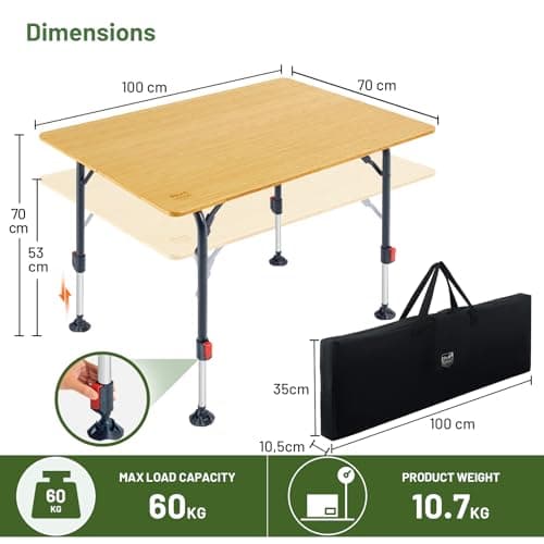 TIMBER RIDGE Bamboo Camping Table Folding Garden Table for 2-6 Persons Height Adjustable 53-70 cm Aluminium Frame Large Picnic Table for Outdoor Camping Caravan Balcony, 100 x 70 cm — view 2