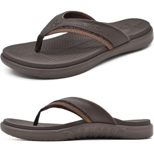 KuaiLu Mens Leather Flip Flops Orthotic Thong Sandals With Arch Support