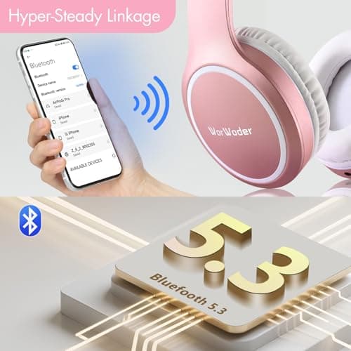 Bluetooth Headphones Over Ear, 70H Playtime and 3 EQ Music Modes Wireless Headphones with Microphone, HiFi Stereo Foldable Lightweight Headset, Deep Bass for Home Office Cellphone PC (Rose Gold) — view 5