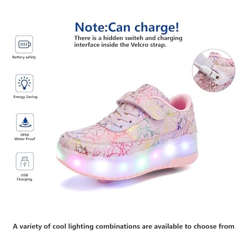 HUSKSWARE Kids Shoes with Wheels – LED Light-Up Roller Sneakers Boys Girls, Retractable Skating Trainers, USB Rechargeable Outdoor Sports Shoes EU 27-40 White Black Pink — view 4