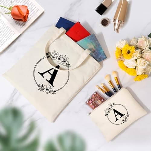 Tecanne Personalised Initial Canvas Tote Bag and Makeup Bag Set, 26 Letters Monogrammed Cotton Reusable Bags for Beach Travel Work School, Gift for Women Mum Teachers Nurses (A) — view 3