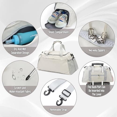 Viiotu Gym Bag with Shoe Compartment for Men Women, Water Resistant Oxford Fabric Duffle Bag with Wet Dry Pocket, Lightweight Sports Bag Travel Bag with Adjustable Strap for Fitness Weekend (White) — view 5
