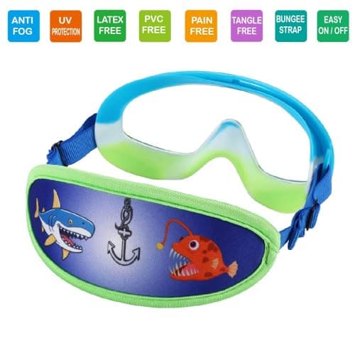 RUIGAO Kids Swim Goggles Age 4-7, Toddler Goggles No Tangle, Child Swimming Mask/Bungee Strap/Soft Band (1PK Toddler Mask - Blue Shark) — view 2
