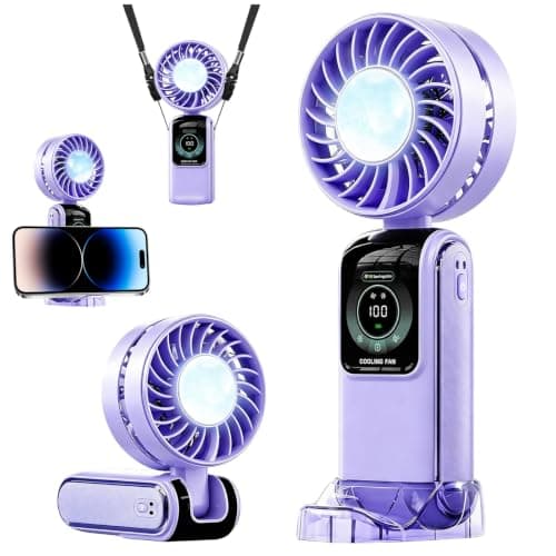 Handheld Fan Rechargeable, 5 Speeds Portable Ice Cooling Hand Fan, Flexible Modes Hand Desk Neck Electric Mini Fan,High-Power Hand Held Fans with LED Display for Travel Home Office Outdoor (Purple)