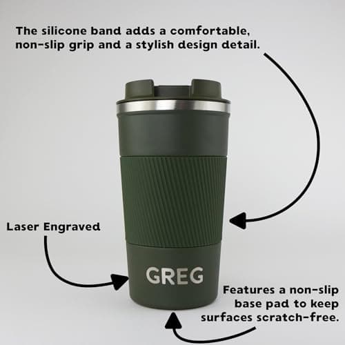 cribstar Personalised Engraved Insulated Travel Mug | Stainless Steel Tumbler | Double-Walled Tea/Coffee Cup | Leak-Proof & Reusable | Keeps Hot 12h / Cold 24h | Thermal Mug (Khaki, 510ml) — view 2