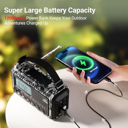Emergency Hand Crank & Solar Powered Radio with USB Phone Charger, 12000mAh Battery, AM/FM/SW, SOS Alarm, and Flashlight – Portable Survival Radio for Outdoor Adventures (Camouflage Gray) — view 4