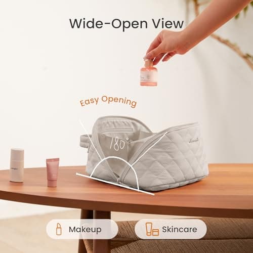 LOVEVOOK Travel Makeup Bag, Flat Lay Make Up Pouch Womens, Large 2Pcs Set Cosmetic Organiser with Compartments, Waterproof Puffer Toiletry Bag with Handle & Divider, Portable Gift for Her, Khaki — view 2