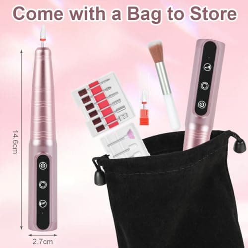Vicloon Cordless Electric Nail Drill, 12 in 1 Rechargeable Nail File Kit 26000RPM 3 Speeds, Professional Portable Nails Kit with Bits & Sanding Bands for Beginners, for Acrylic & Gel, Pink — view 2
