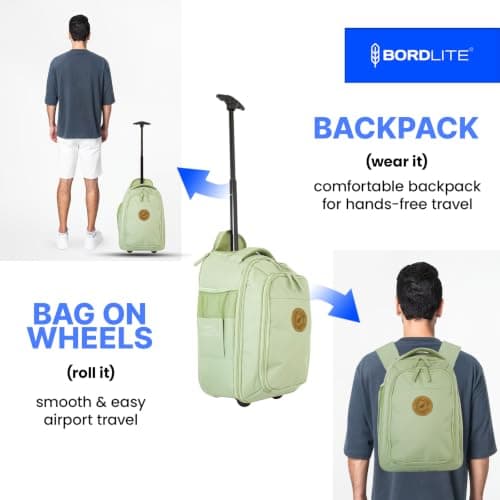 Bordlite Ryanair Cabin Approved Wheeled Backpack 40x25x20cm – 2 in 1 Lightweight Trolley Bag & Rucksack on Wheels (20L) Underseat Hand Luggage for Travel, Business, Weekend Trips - Green — view 4